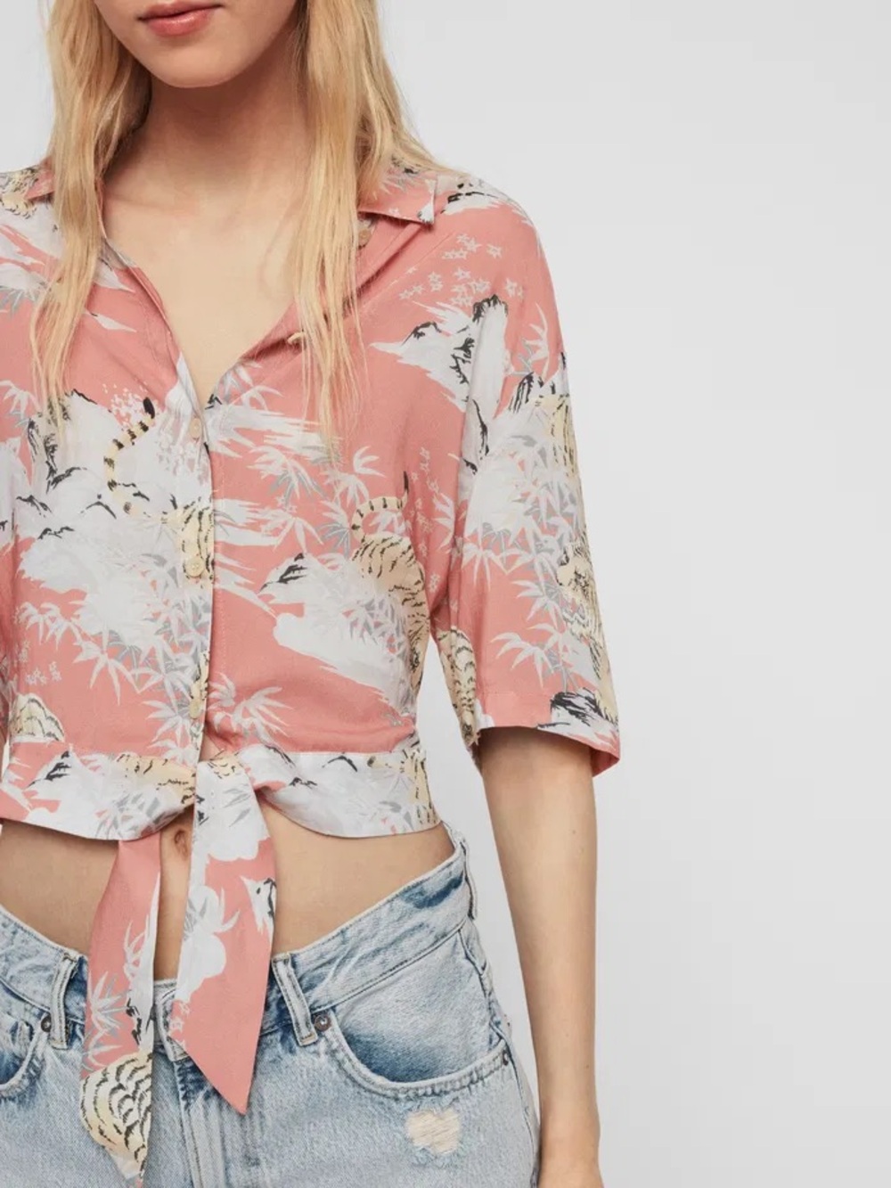 AllSaints Pink Floral Tie-Front Crop Blouse